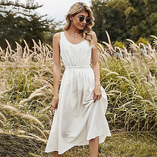 

Women's Swing Dress Maxi long Dress White Sleeveless Solid Color Tassel Fringe Patchwork Spring Round Neck Elegant Casual Going out Loose 2021 S M L XL