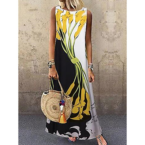 

Women's A Line Dress Maxi long Dress Yellow White Sleeveless Floral Patchwork Print Spring Summer Round Neck Casual Loose 2021 S M L XL XXL 3XL 4XL 5XL