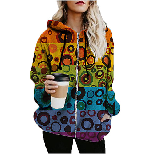 

Women's Hoodied Jacket Sports Fall & Winter Long Coat Loose Jacket Long Sleeve Color Block Print Rainbow