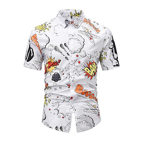 

Men's Shirt 3D Print Graphic 3D Letter Print Short Sleeve Casual Tops Cartoon Distressed Button Down Collar White