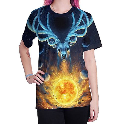 

Women's T shirt Reindeer Animal Print Round Neck Tops Basic Punk & Gothic Basic Top Rainbow