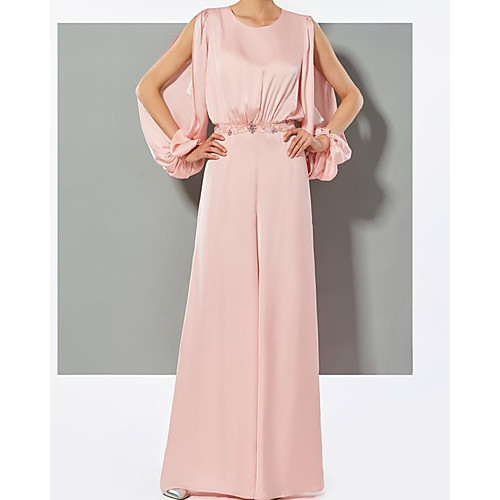 

Jumpsuits Empire Elegant Wedding Guest Formal Evening Dress Jewel Neck Long Sleeve Floor Length Charmeuse with Sleek 2021