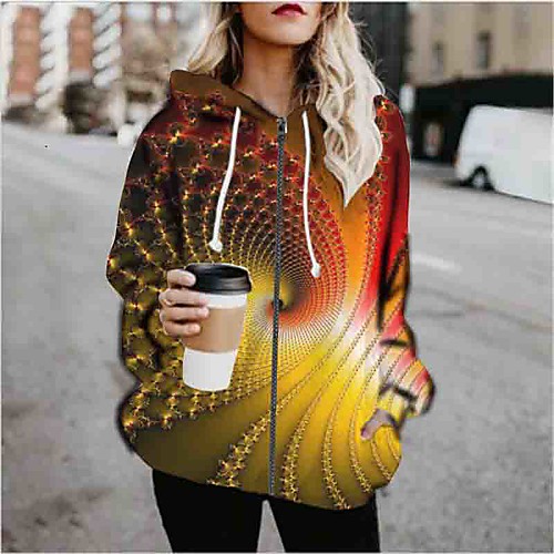 

Women's Hoodied Jacket Sports Fall & Winter Regular Coat Loose Jacket Long Sleeve Print Print Orange