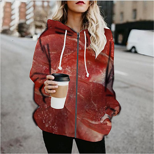 

Women's Hoodied Jacket Sports Fall & Winter Regular Coat Loose Jacket Long Sleeve Print Print Red