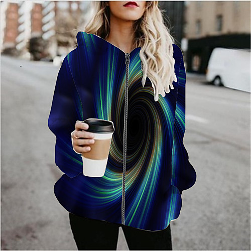 

Women's Hoodied Jacket Sports Spring & Fall Regular Coat Regular Fit Active Streetwear Jacket Long Sleeve Color Block Patchwork Blue / Going out / Print