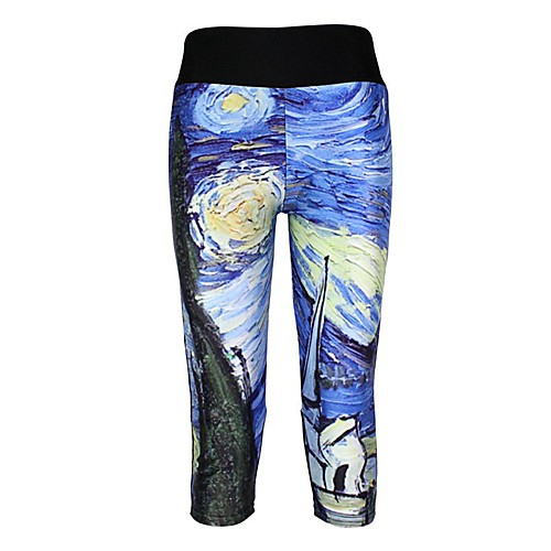 

Women's Basic Casual Comfort Daily Gym Leggings Pants Galaxy Calf-Length Patchwork Print Blue