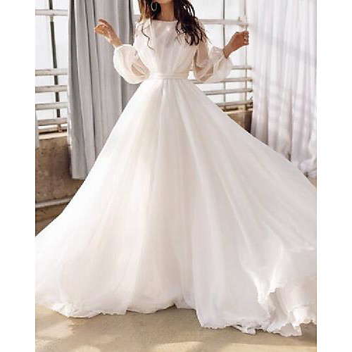

A-Line Wedding Dresses Jewel Neck Court Train Chiffon Long Sleeve Simple Beach Backless with Pleats 2021