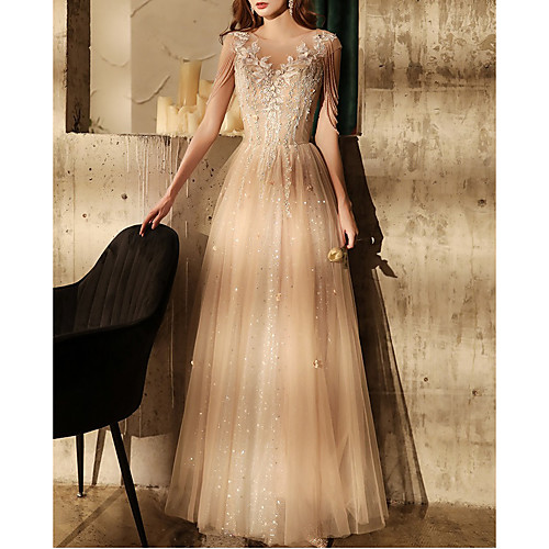 

A-Line Sparkle Elegant Wedding Guest Engagement Dress Illusion Neck Short Sleeve Floor Length Tulle with Sequin Tassel Appliques 2021
