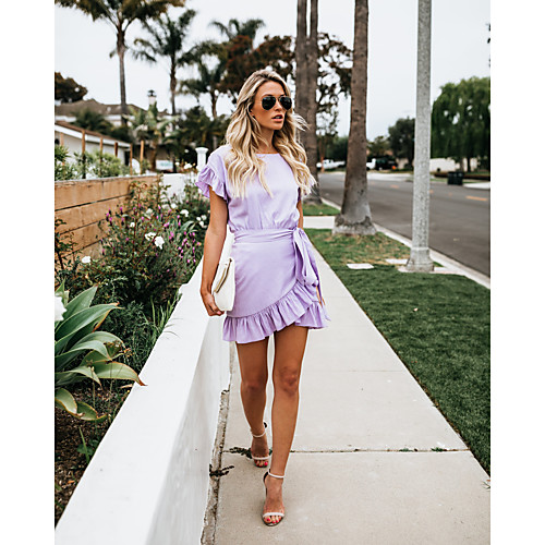 

Women's Sheath Dress Short Mini Dress Purple Short Sleeve Solid Color Ruffle Spring Summer Casual Sexy 2021 S M L XL