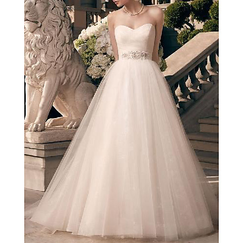

A-Line Wedding Dresses Strapless Floor Length Lace Tulle Sleeveless Romantic Simple with Crystal Brooch 2021