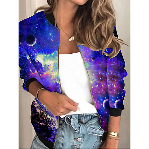 

Women's Jacket Sports Spring & Fall Regular Coat Regular Fit Streetwear Jacket Long Sleeve Print Patchwork Blue / Going out