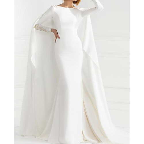

Sheath / Column Wedding Dresses Jewel Neck Sweep / Brush Train Stretch Fabric Long Sleeve Simple with Appliques 2021