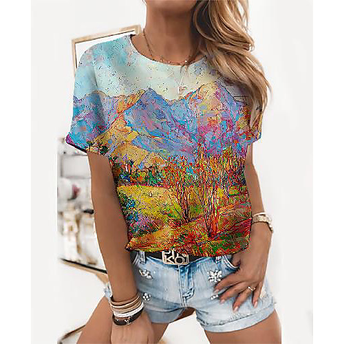 

Women's Painting T shirt Scenery 3D Graphic Prints Print Round Neck Basic Tops Blue