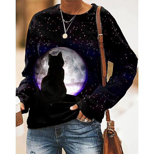 

Women's Pullover Sweatshirt Cat Graphic 3D Print Daily 3D Print Basic Casual Hoodies Sweatshirts Black