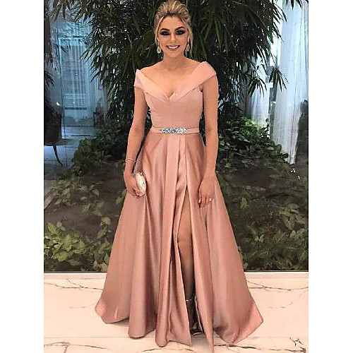 

A-Line Elegant Prom Formal Evening Valentine's Day Dress Off Shoulder Short Sleeve Sweep / Brush Train Satin with Split Front 2021