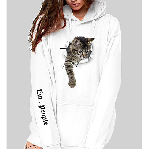 

Women's Hoodie Pullover Cat Graphic 3D Front Pocket Print Daily 3D Print Basic Casual Hoodies Sweatshirts White Black