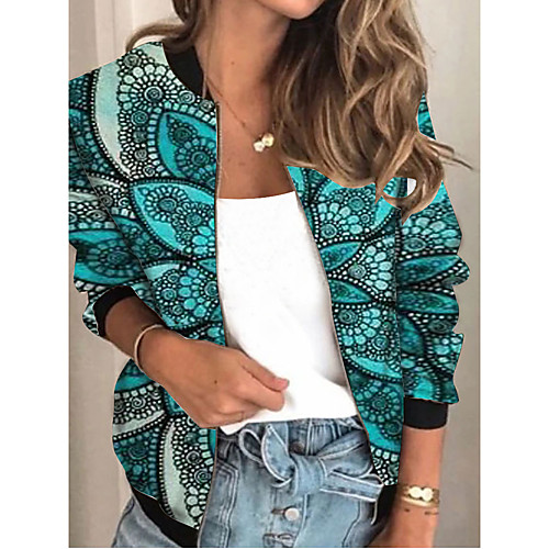 

Women's Jacket Sports Spring & Fall Regular Coat Regular Fit Streetwear Jacket Long Sleeve Geometric Patchwork Blue / Going out / Print