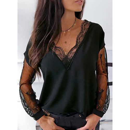 

Women's Blouse Shirt Solid Colored Long Sleeve See Through Mesh Lace V Neck Elegant Streetwear Tops White Black Blue