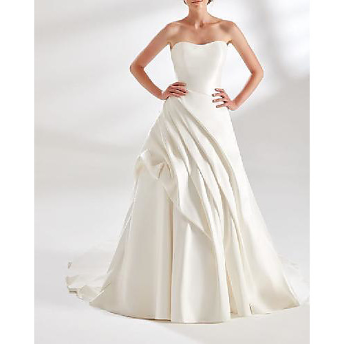 

A-Line Wedding Dresses Strapless Sweep / Brush Train Satin Sleeveless Country Formal Simple with Ruched 2021