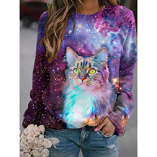 

Women's Pullover Sweatshirt Cat Graphic 3D Print Daily 3D Print Basic Casual Hoodies Sweatshirts Purple