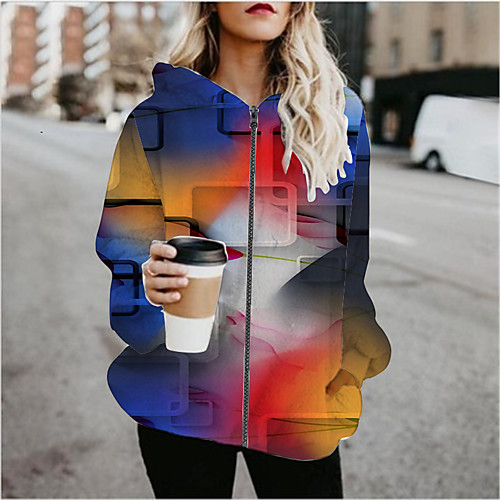 

Women's Hoodied Jacket Sports Spring & Fall Regular Coat Regular Fit Active Streetwear Jacket Long Sleeve Geometric Patchwork Blue / Going out / Print