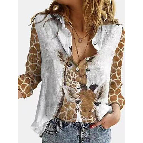 

Women's Blouse Shirt Animal Long Sleeve Print Shirt Collar Tops White