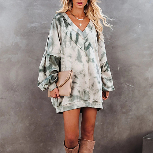 

Women's Shift Dress Short Mini Dress Army Green Long Sleeve Tie Dye Patchwork Print Spring Summer V Neck Casual Loose 2021 S M L XL XXL