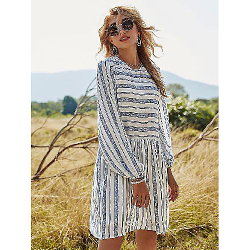 

Women's Dresses A Line Dress Short Mini Dress Blue Long Sleeve Stripe Patchwork Print Fall Round Neck Casual 2021 S M L XL