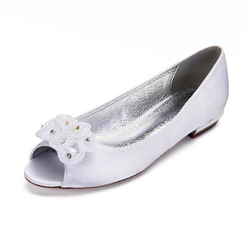 

Women's Wedding Shoes Flat Heel Peep Toe Wedding Flats Classic Sweet Wedding Party & Evening Satin Rhinestone Flower Solid Colored White Ivory