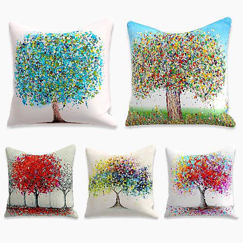 

5 pcs Faux Linen Pillow Cover, Floral&Plants Pastoral Boho Square Polyester Traditional Classic