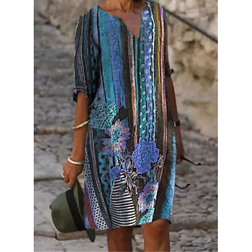 

Women's A Line Dress Knee Length Dress Blue Yellow Red Half Sleeve Floral Print Spring Summer V Neck Casual Loose 2021 S M L XL XXL 3XL