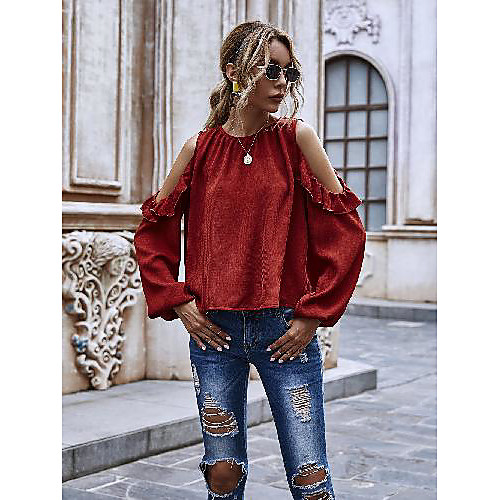 

Women's Blouse Shirt Plain Long Sleeve Patchwork Asymmetric Lettuce Trim Round Neck Streetwear Tops Red