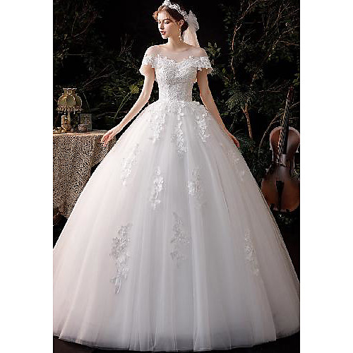 

Princess Ball Gown Wedding Dresses Jewel Neck Floor Length Lace Tulle Short Sleeve Formal Romantic Elegant with Appliques 2021