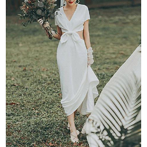 

A-Line Wedding Dresses V Neck Ankle Length Stretch Satin Short Sleeve Country Simple with Bow(s) 2021