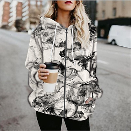 

Women's Hoodied Jacket Sports Fall & Winter Regular Coat Loose Jacket Long Sleeve Print Print Black