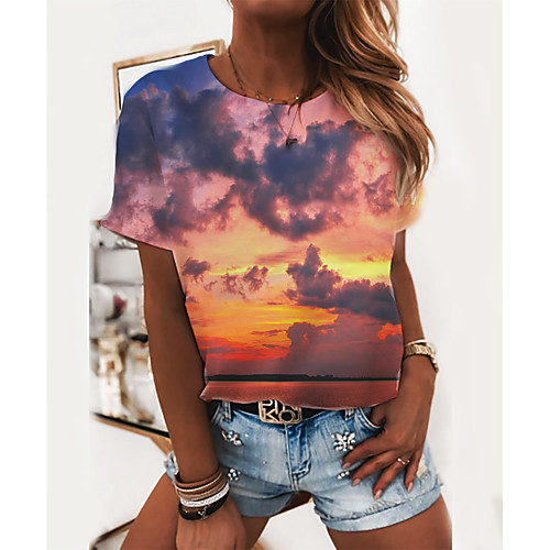 

Women's T shirt 3D Print Round Neck Tops Basic Basic Top Rainbow