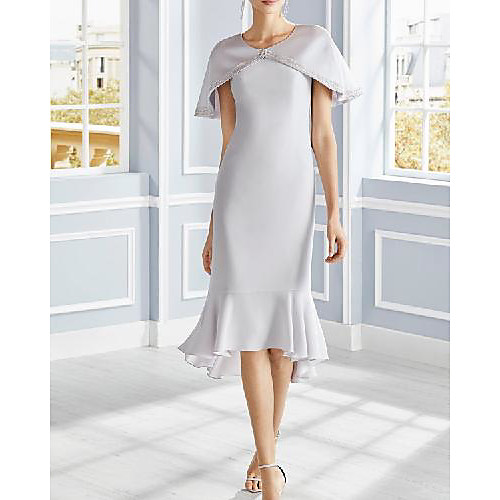 

Sheath / Column Mother of the Bride Dress Elegant Jewel Neck Knee Length Stretch Fabric Sleeveless with Ruffles 2021