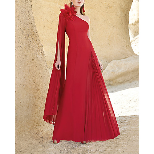 

A-Line Elegant Floral Wedding Guest Formal Evening Dress One Shoulder Long Sleeve Floor Length Stretch Fabric with Pleats 2021