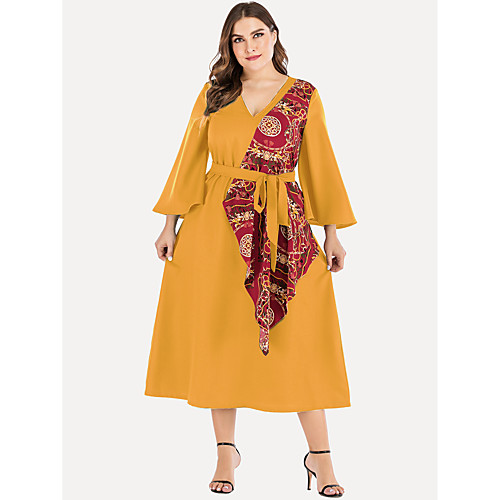 

Women's Plus Size Dress A Line Dress Midi Dress Long Sleeve Solid Color Lace up Vintage Spring & Summer