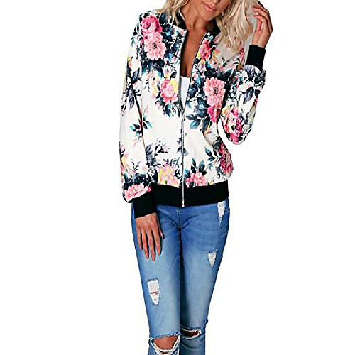 

Women's Jacket Floral Sporty Floral Fall Coat Stand Collar Regular Street Long Sleeve 416 White print / Spring