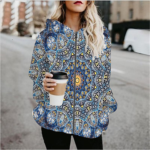 

Women's Hoodied Jacket Sports Spring & Fall Regular Coat Regular Fit Active Streetwear Jacket Long Sleeve Geometric Patchwork Blue / Going out / Print