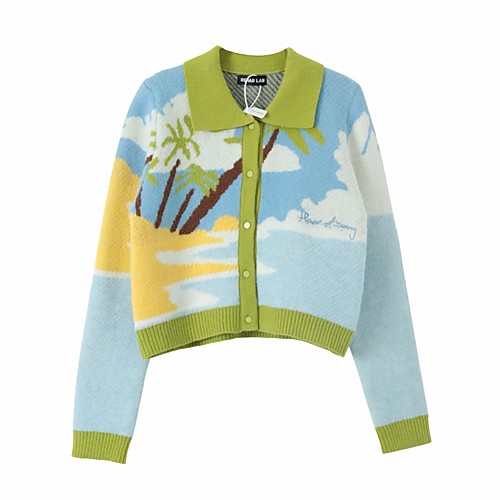 

Women's Vintage Style Knitted Color Block Cardigan Cashmere Cotton Long Sleeve Sweater Cardigans Shirt Collar Fall Winter Green