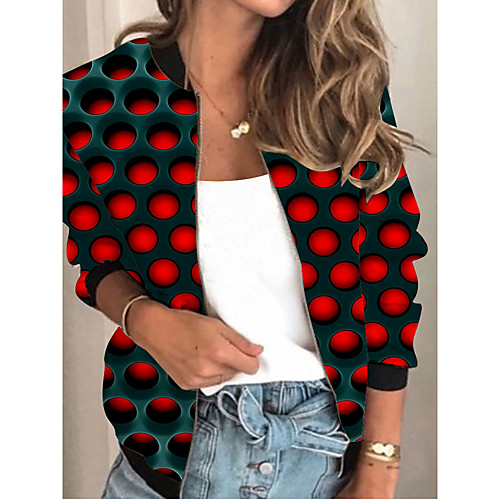 

Women's Jacket Sports Spring & Fall Regular Coat Regular Fit Streetwear Jacket Long Sleeve Polka Dot Patchwork Red / Going out / Print