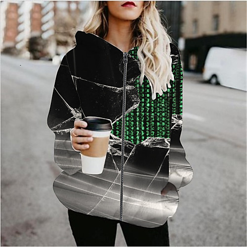 

Women's Hoodied Jacket Sports Spring & Fall Regular Coat Regular Fit Active Streetwear Jacket Long Sleeve Print Patchwork Black / Going out
