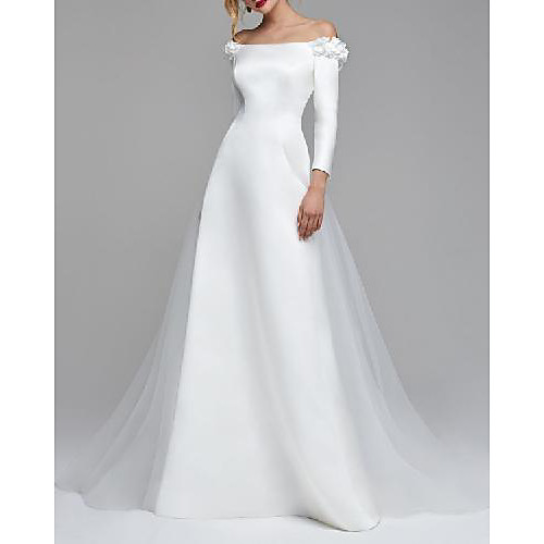 

A-Line Wedding Dresses Off Shoulder Floor Length Detachable Satin Tulle Long Sleeve Formal Simple with Appliques 2021