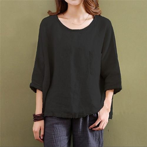 

Women's T shirt Plain Pocket Round Neck Tops Cotton Basic Basic Top White Black Blue