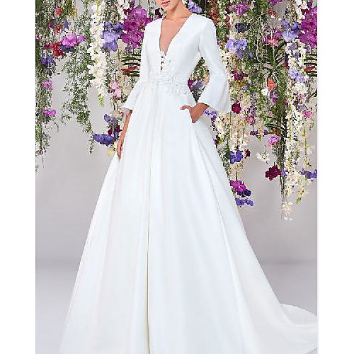 

A-Line Wedding Dresses V Neck Sweep / Brush Train Satin Long Sleeve Country Formal Simple with Lace Appliques 2021
