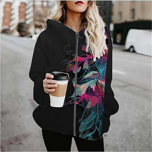 

Women's Hoodied Jacket Sports Spring & Fall Regular Coat Regular Fit Active Streetwear Jacket Long Sleeve Plants Patchwork Black / Going out / Print