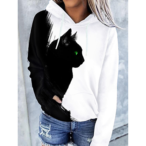 

Women's Hoodie Pullover Cat Graphic 3D Front Pocket Print Daily 3D Print Basic Casual Hoodies Sweatshirts White