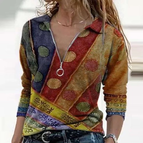

Women's Blouse Shirt Color Block Long Sleeve Patchwork Print V Neck Tops Blue Purple Red